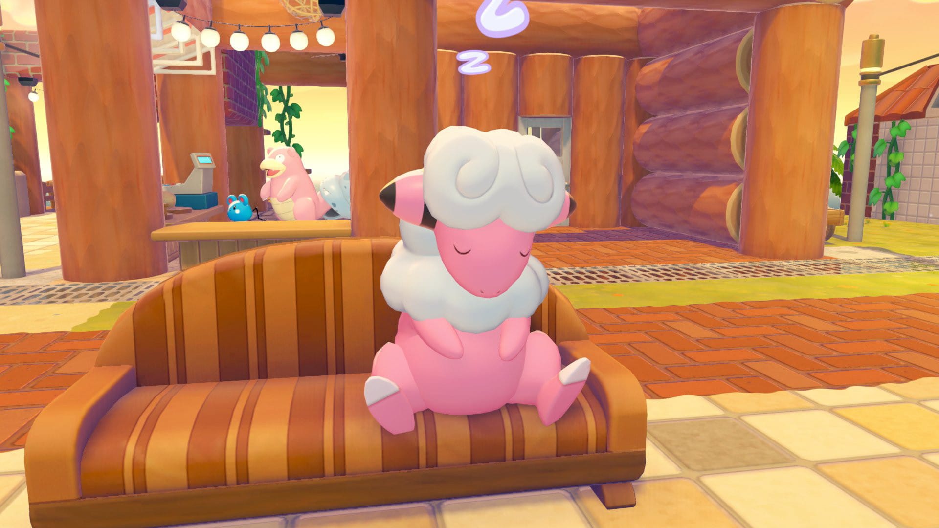 Un Flaaffy durmiendo en un sofá y de fondo hay un slowbro vendiendo cosas en un chiringuito de playa muy xd paisaje por la tarde-noche